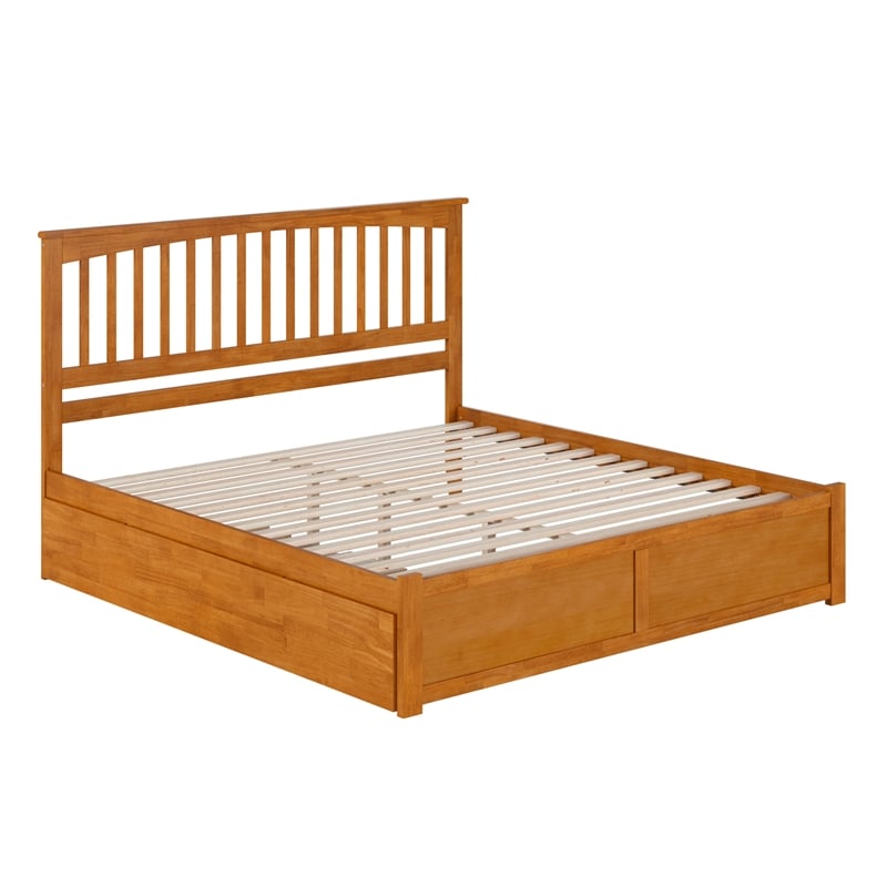 Mission King Wood Platform Bed with Footboard and TXL Trundle in Light Toffee