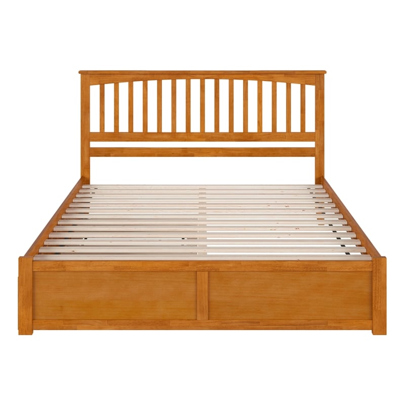 Mission King Wood Platform Bed with Footboard and TXL Trundle in Light Toffee