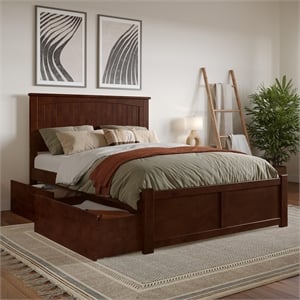 Nantucket Full Wood Platform Bed with Footboard and Storage Drawers in Walnut