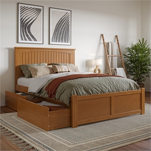 Nantucket Full Wood Platform Bed with Footboard and Drawers in Light Toffee