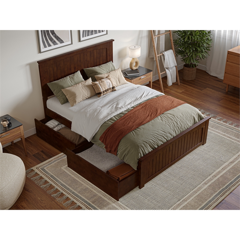 Nantucket Full Wood Platform Bed with Matching Footboard and Drawers in Walnut