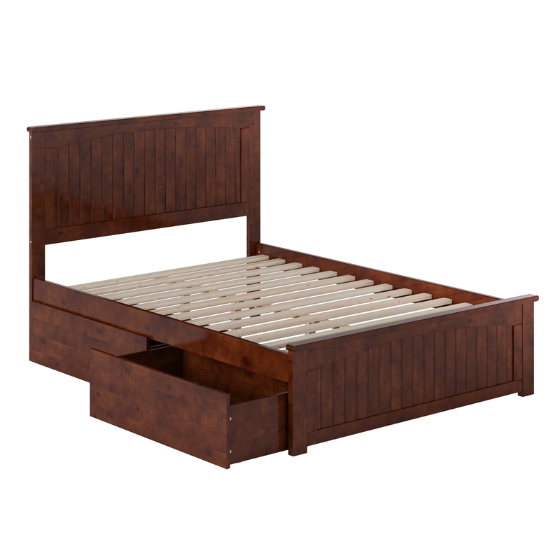 Nantucket Full Wood Platform Bed with Matching Footboard and Drawers in Walnut