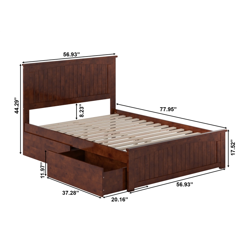 Nantucket Full Wood Platform Bed with Matching Footboard and Drawers in Walnut