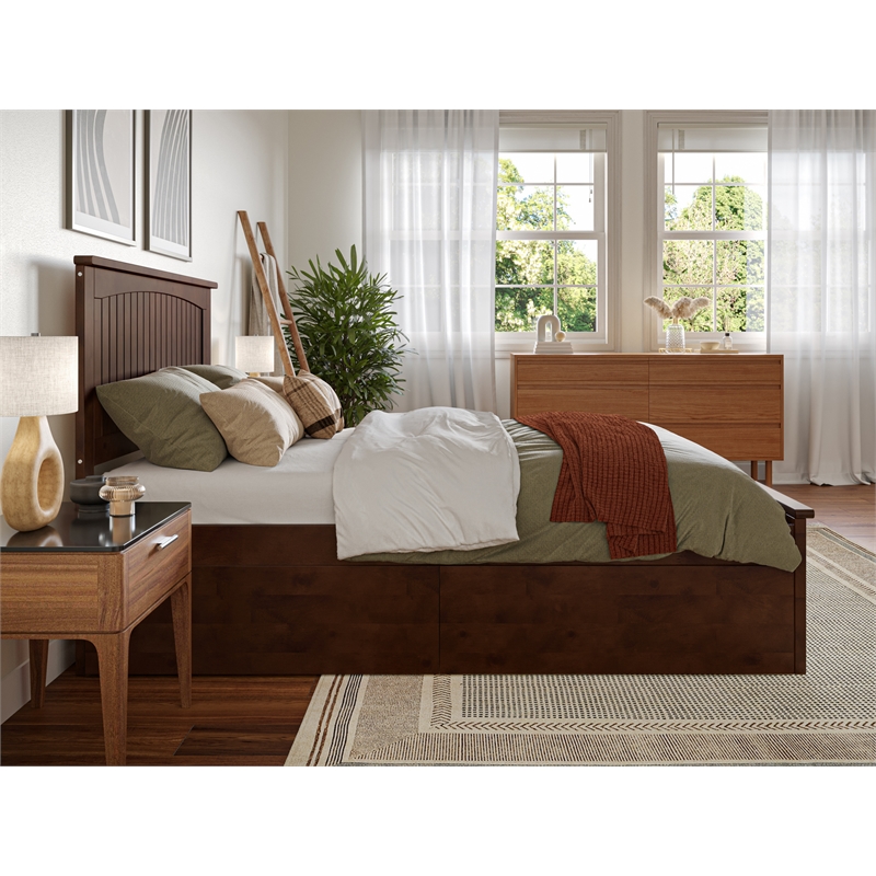 Nantucket Full Wood Platform Bed with Matching Footboard and Drawers in Walnut