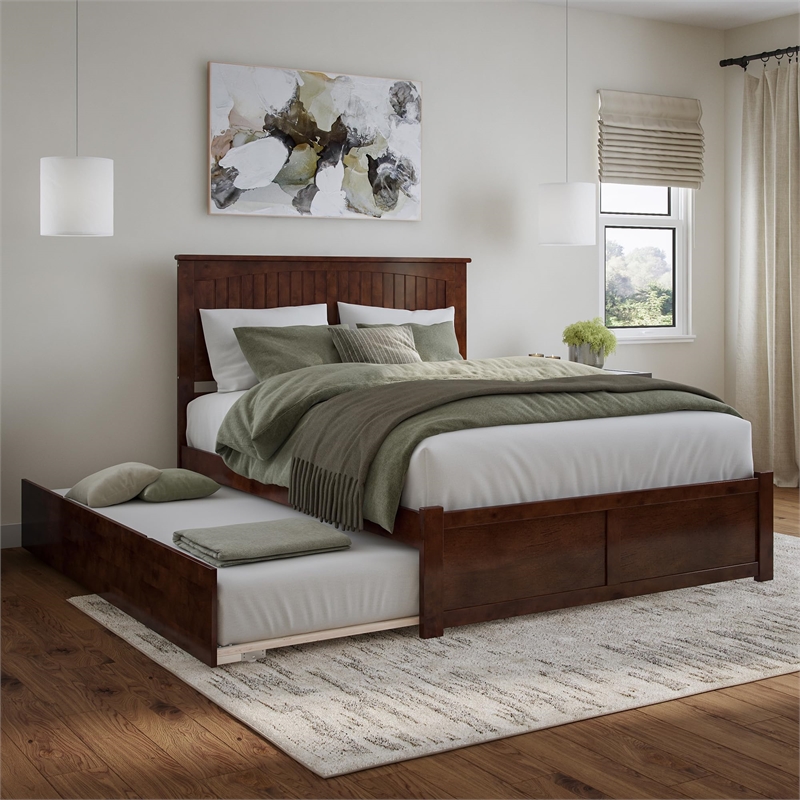 Nantucket Queen Wood Platform Bed with Footboard and Twin XL Trundle in Walnut