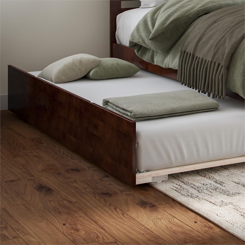 Nantucket Queen Wood Platform Bed with Footboard and Twin XL Trundle in Walnut