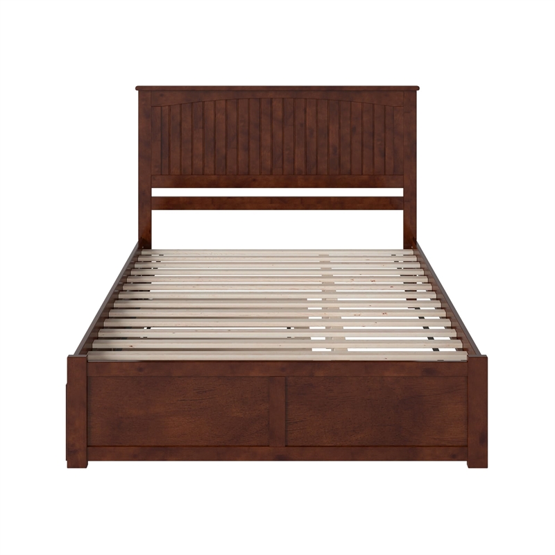 Nantucket Queen Wood Platform Bed with Footboard and Twin XL Trundle in Walnut