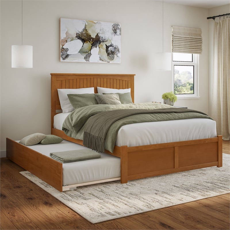 Nantucket Queen Wood Platform Bed with Footboard and TXL Trundle in Light Toffee