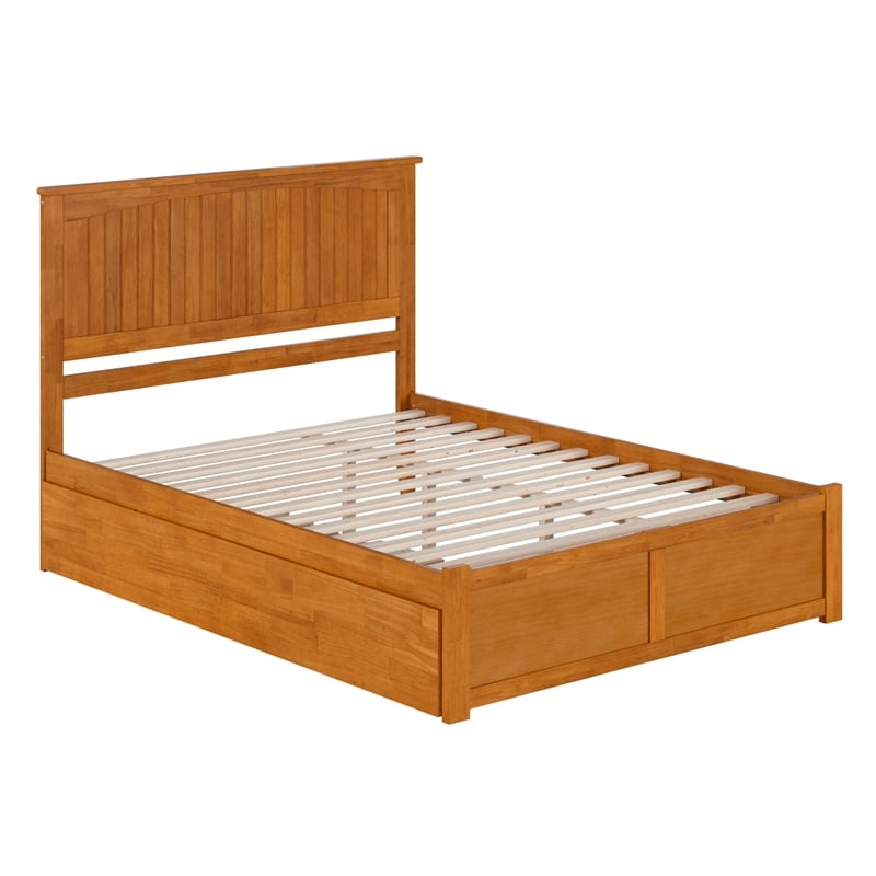 Nantucket Queen Wood Platform Bed with Footboard and TXL Trundle in Light Toffee