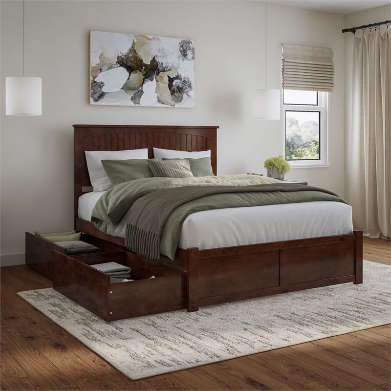 Nantucket Queen Wood Platform Bed with Footboard and Storage Drawers in Walnut