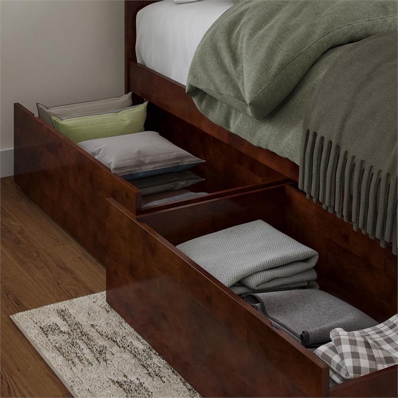 Nantucket Queen Wood Platform Bed with Footboard and Storage Drawers in Walnut