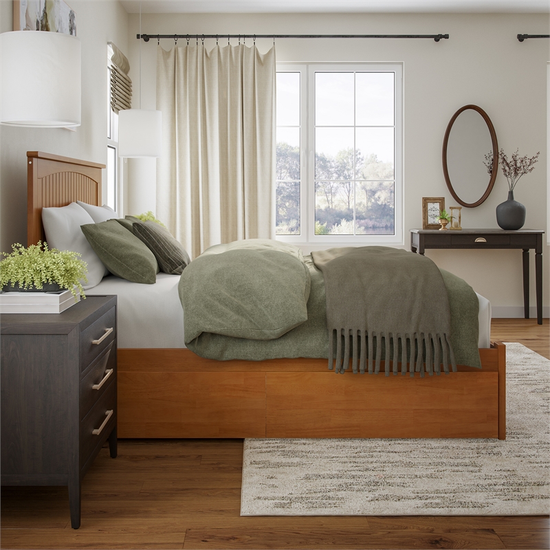 Nantucket Queen Wood Platform Bed with Footboard and Drawers in Light Toffee