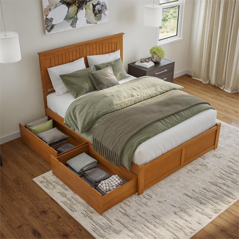 Nantucket Queen Wood Platform Bed with Footboard and Drawers in Light Toffee