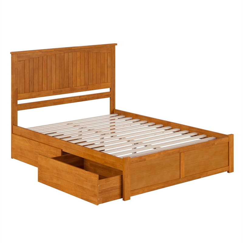 Nantucket Queen Wood Platform Bed with Footboard and Drawers in Light Toffee