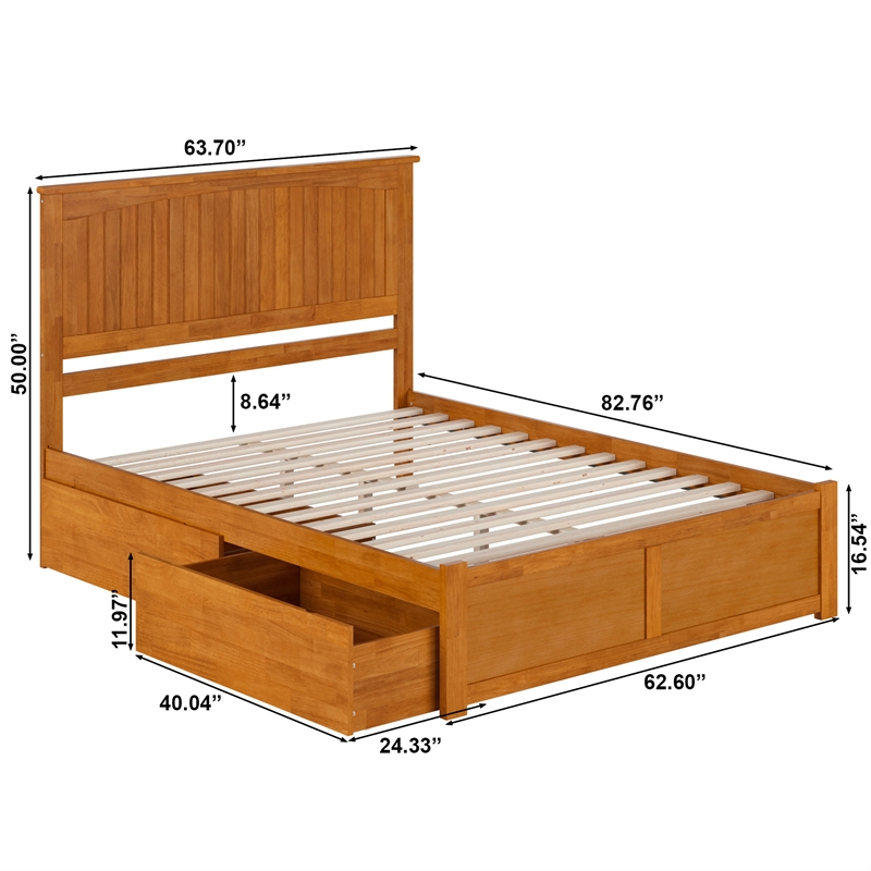 Nantucket Queen Wood Platform Bed with Footboard and Drawers in Light Toffee