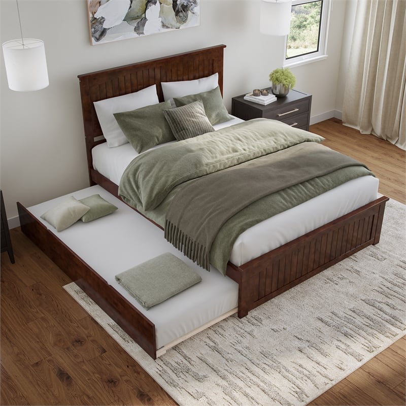 Nantucket Queen Platform Bed with Matching Footboard and TXL Trundle in Walnut