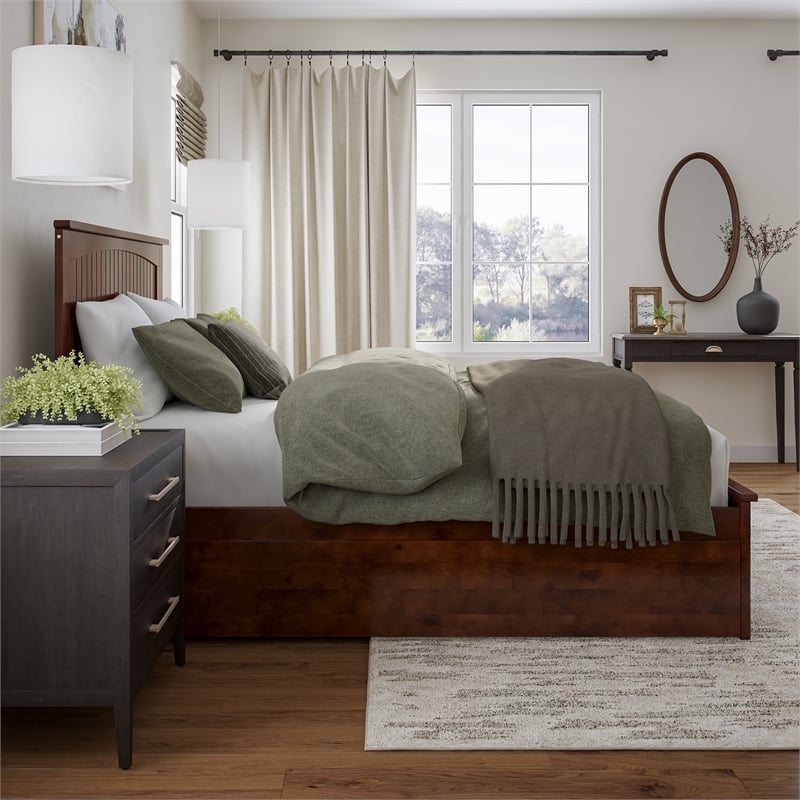 Nantucket Queen Platform Bed with Matching Footboard and TXL Trundle in Walnut