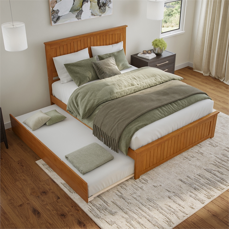 Nantucket Queen Platform Bed w/Matching Footboard & TXL Trundle in Light Toffee