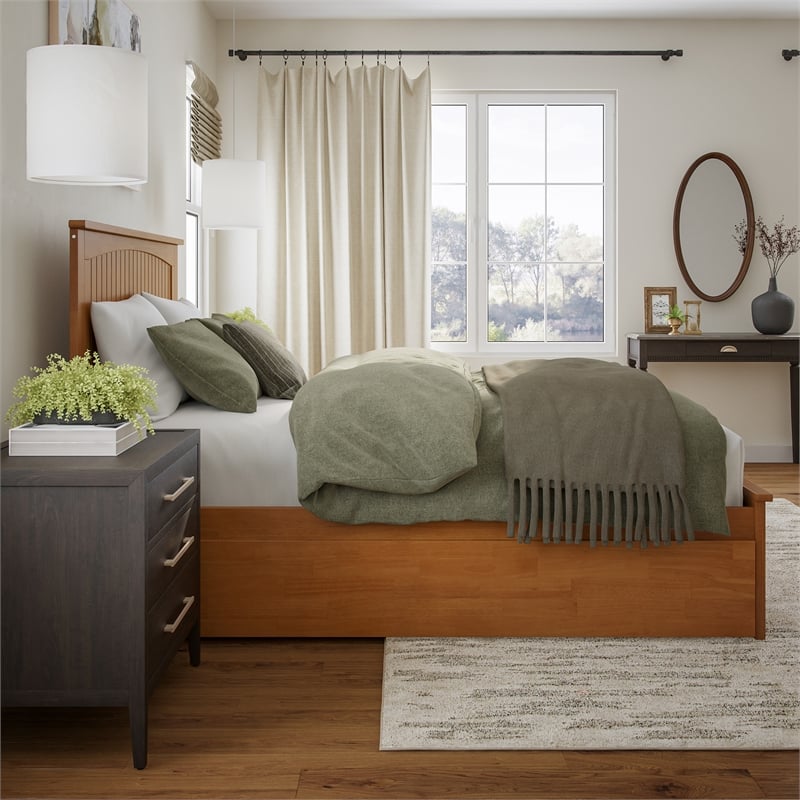 Nantucket Queen Platform Bed w/Matching Footboard & TXL Trundle in Light Toffee