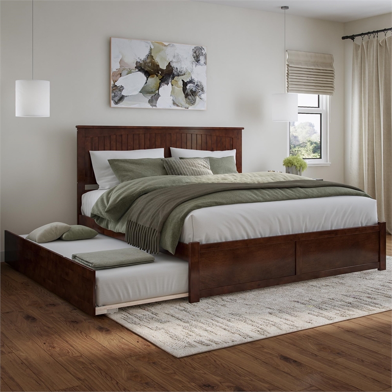 Nantucket King Wood Platform Bed with Footboard and Twin XL Trundle in Walnut