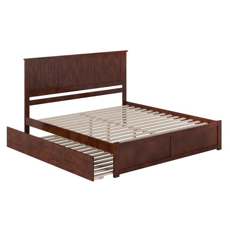 Nantucket King Wood Platform Bed with Footboard and Twin XL Trundle in Walnut