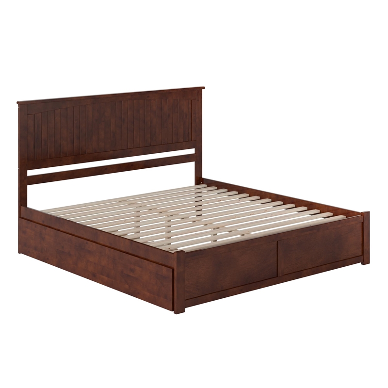 Nantucket King Wood Platform Bed with Footboard and Twin XL Trundle in Walnut