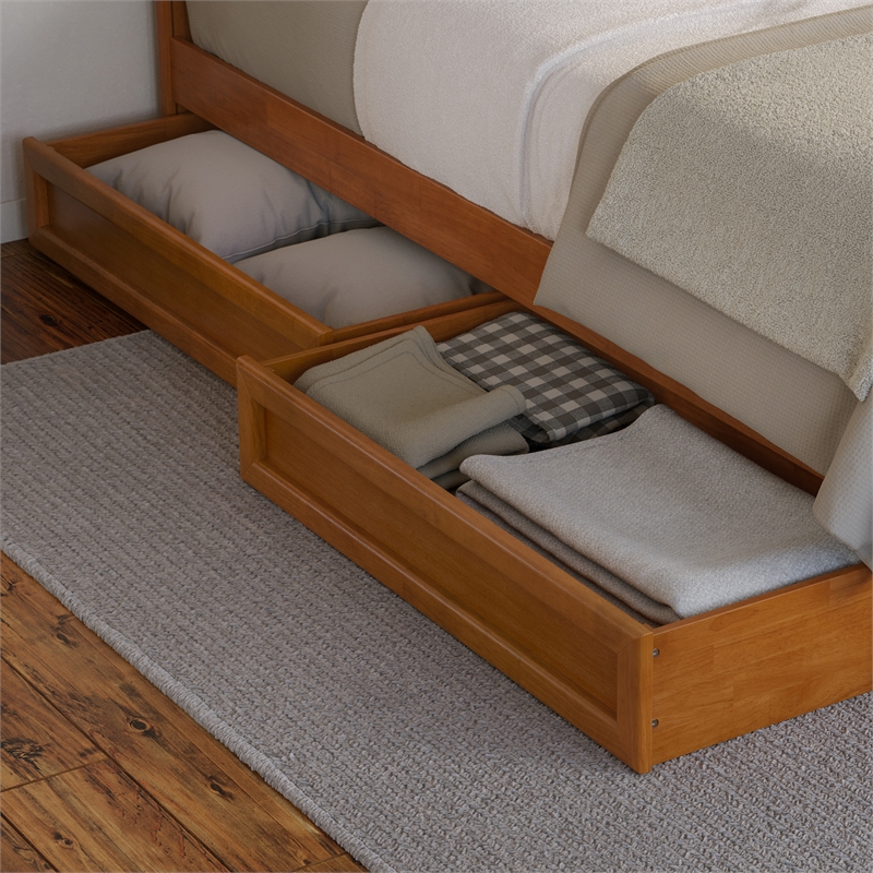 Queen-King-Twin XL Mid-Century Under Bed Wood Storage Drawers in Light Toffee
