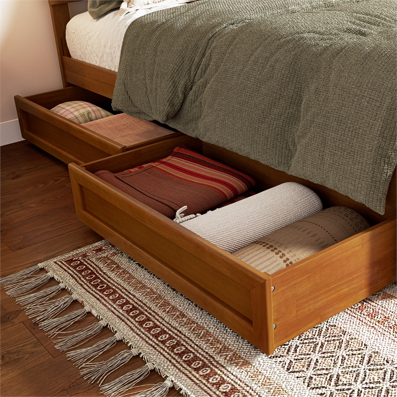 Queen-King-Twin XL Mid-Century Under Bed Wood Storage Drawers in Light Toffee