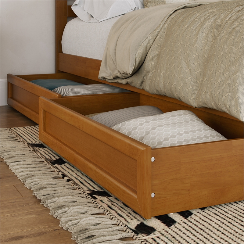 Queen-King-Twin XL Mid-Century Under Bed Wood Storage Drawers in Light Toffee