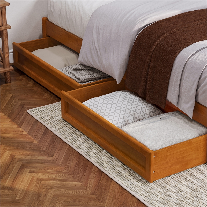 Queen-King-Twin XL Mid-Century Under Bed Wood Storage Drawers in Light Toffee