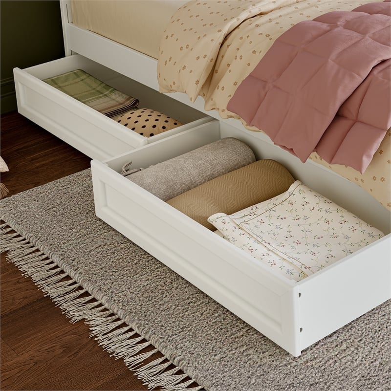Twin-Full Solid Wood Mid-Century Modern Under Bed Storage Drawers in White