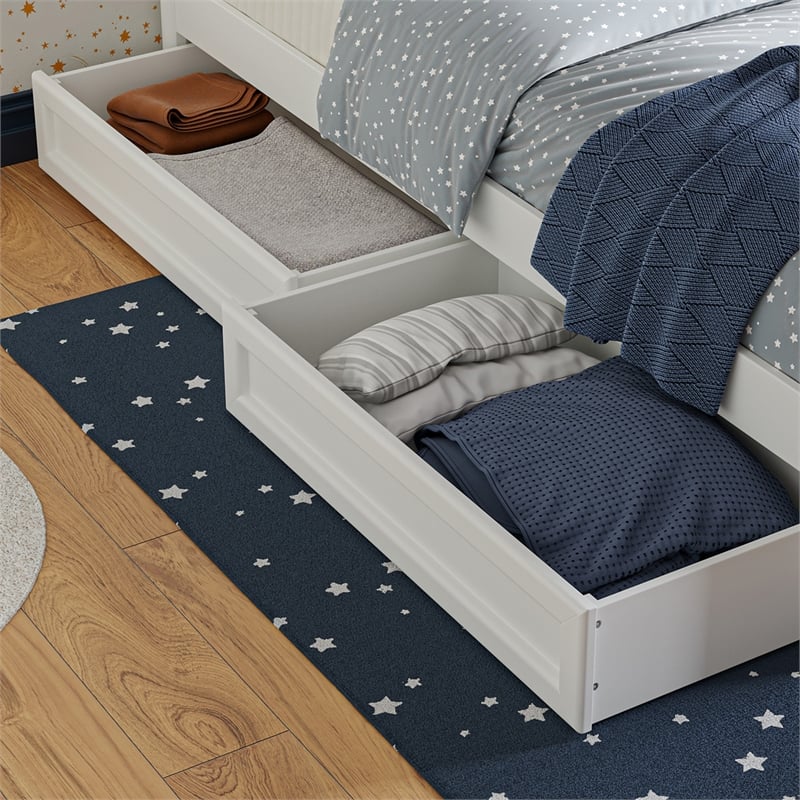 Twin-Full Solid Wood Mid-Century Modern Under Bed Storage Drawers in White