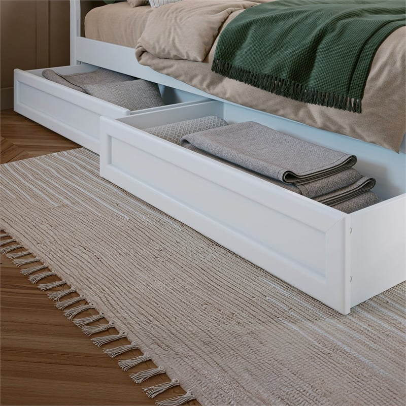 Twin-Full Solid Wood Mid-Century Modern Under Bed Storage Drawers in White