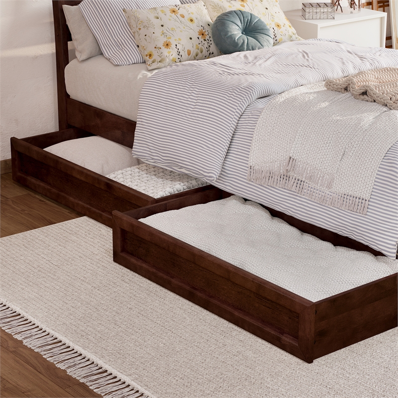 Twin-Full Solid Wood Mid-Century Modern Under Bed Storage Drawers in Walnut