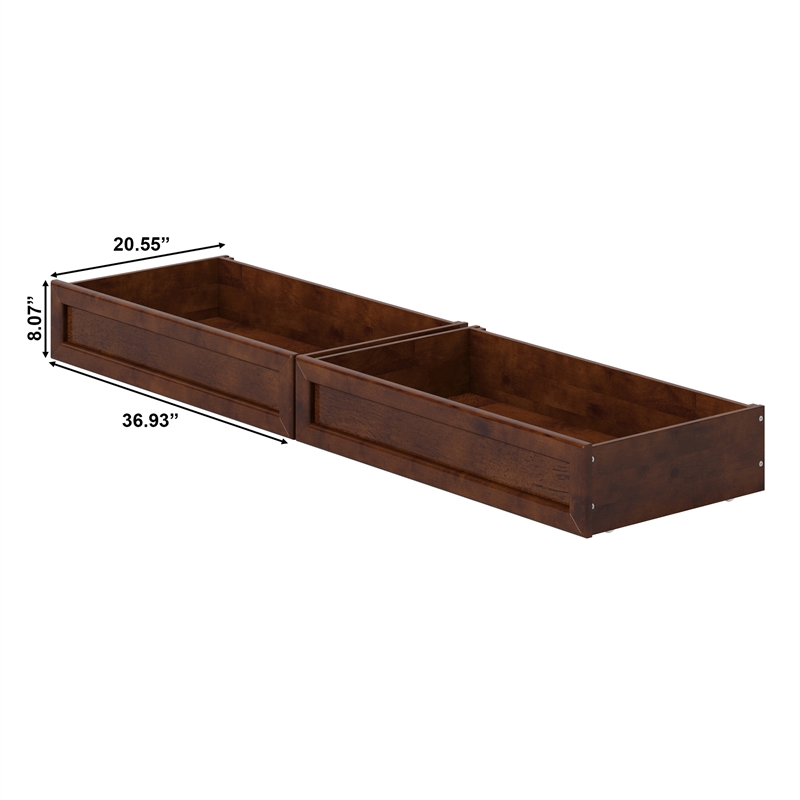 Twin-Full Solid Wood Mid-Century Modern Under Bed Storage Drawers in Walnut