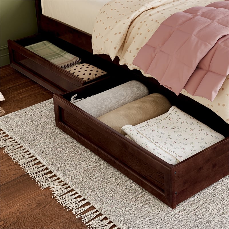 Twin-Full Solid Wood Mid-Century Modern Under Bed Storage Drawers in Walnut