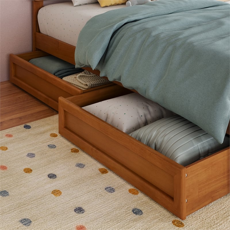 Twin-Full Wood Mid-Century Modern Under Bed Storage Drawers in Light Toffee
