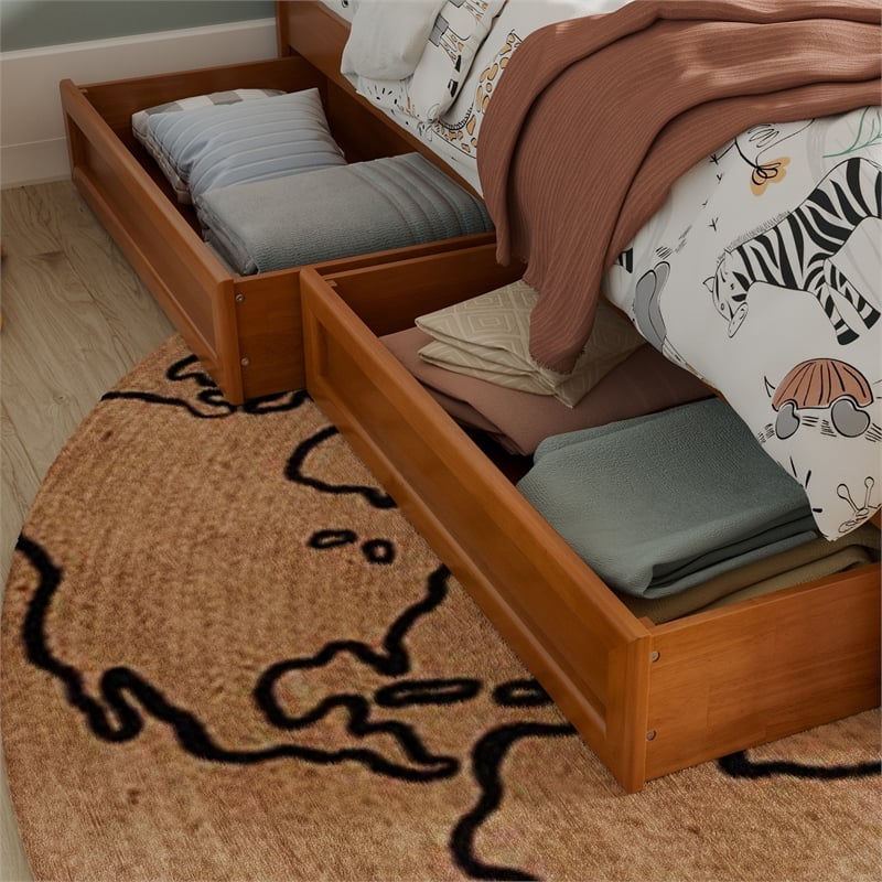 Twin-Full Wood Mid-Century Modern Under Bed Storage Drawers in Light Toffee