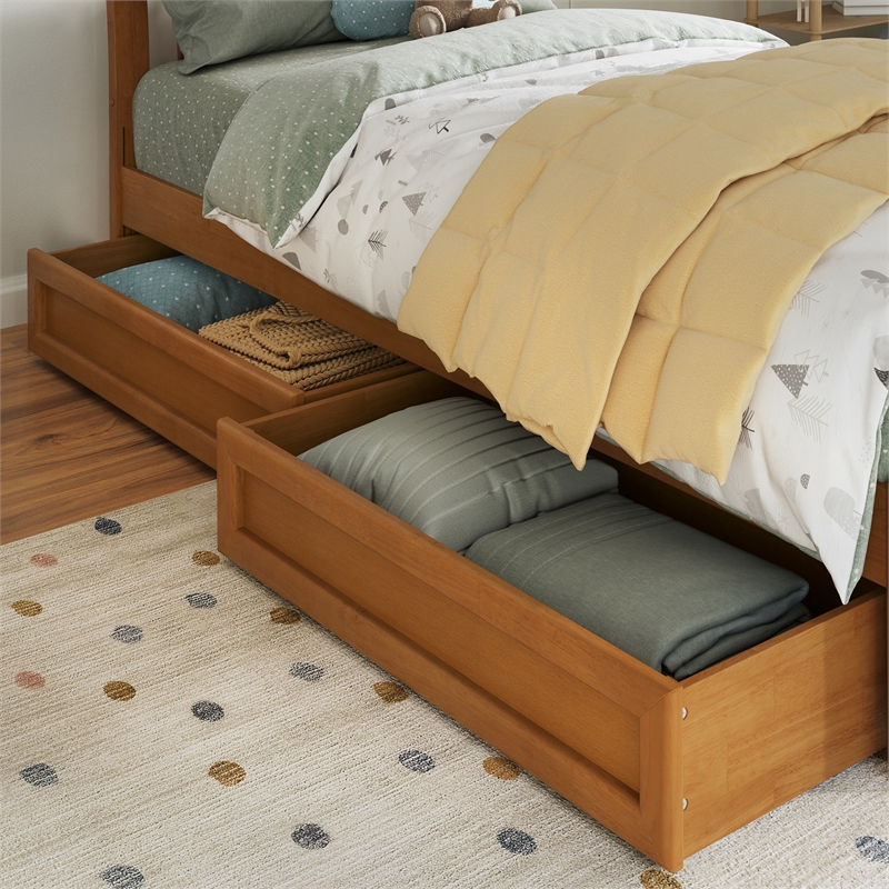 Twin-Full Wood Mid-Century Modern Under Bed Storage Drawers in Light Toffee