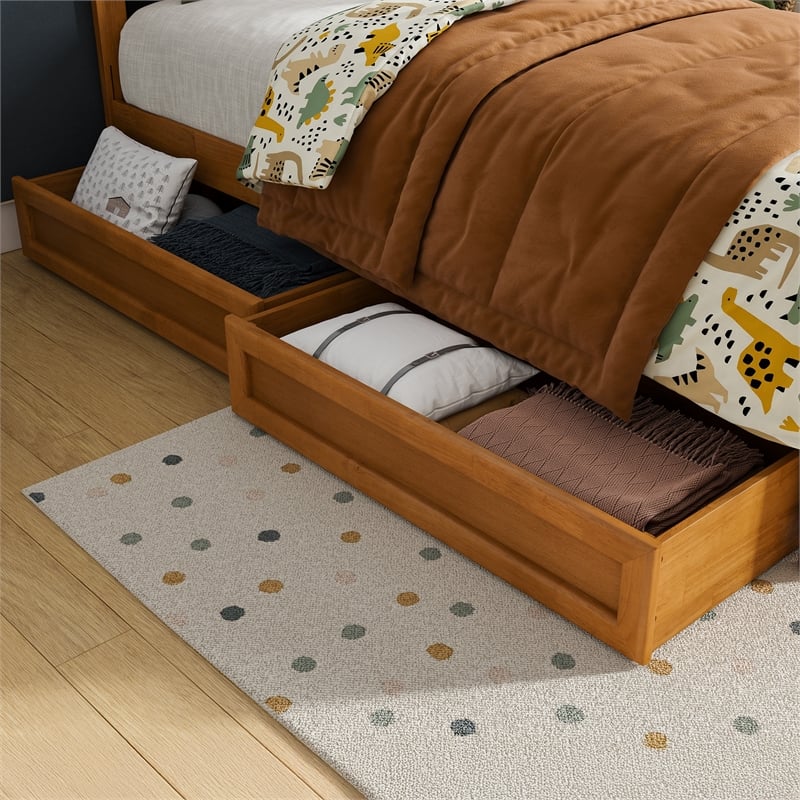 Twin-Full Wood Mid-Century Modern Under Bed Storage Drawers in Light Toffee
