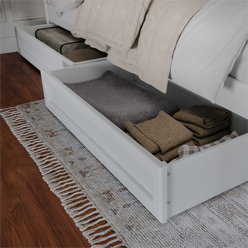 Queen-King-Twin XL Wood Mid-Century Modern Under Bed Storage Drawers in White