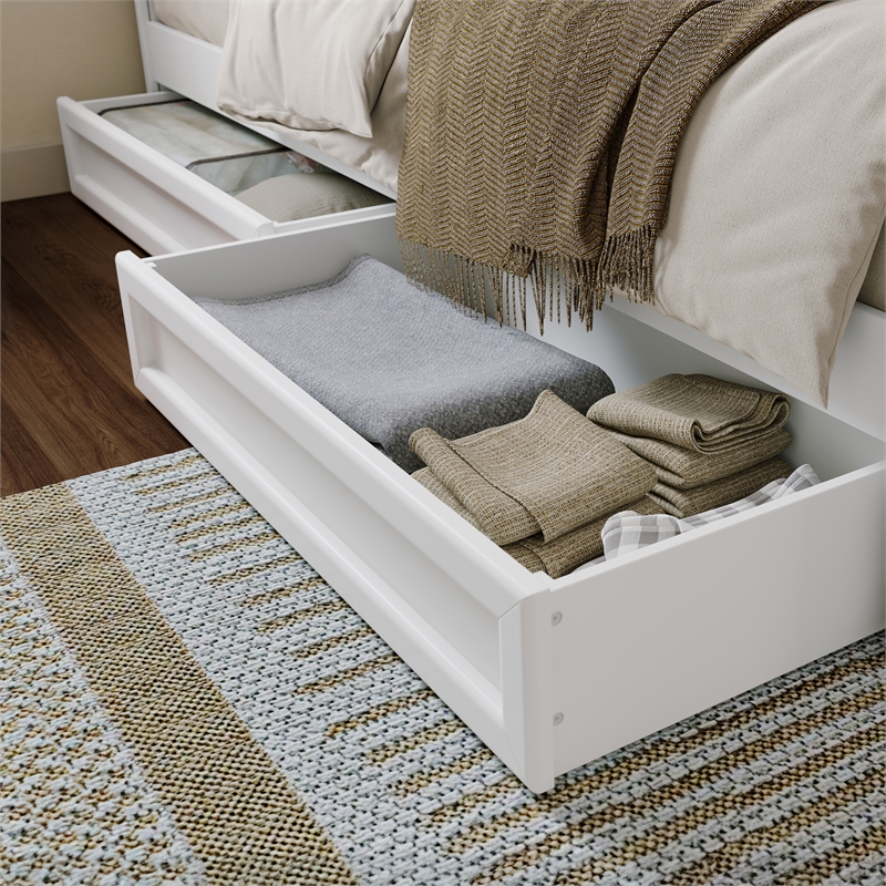 Queen-King-Twin XL Wood Mid-Century Modern Under Bed Storage Drawers in White