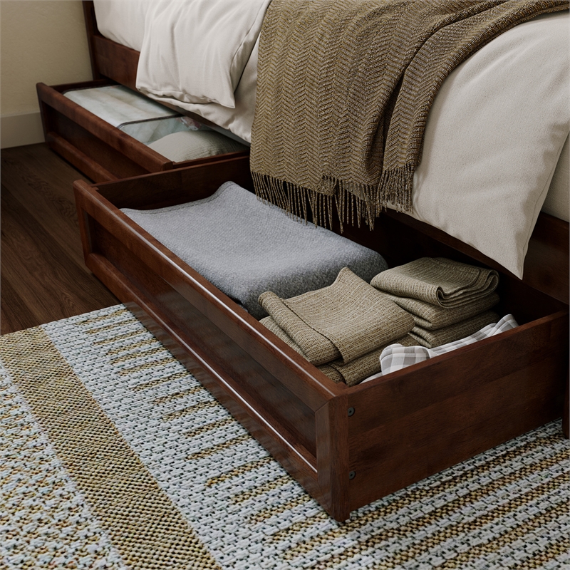 Queen-King-Twin XL Wood Mid-Century Modern Under Bed Storage Drawers in Walnut
