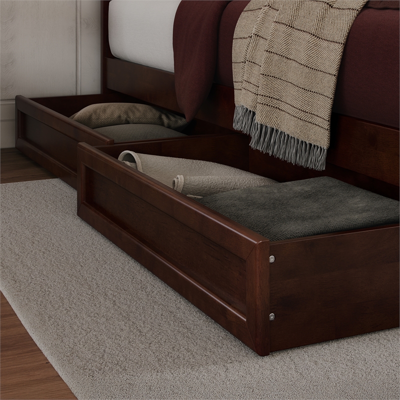 Queen-King-Twin XL Wood Mid-Century Modern Under Bed Storage Drawers in Walnut