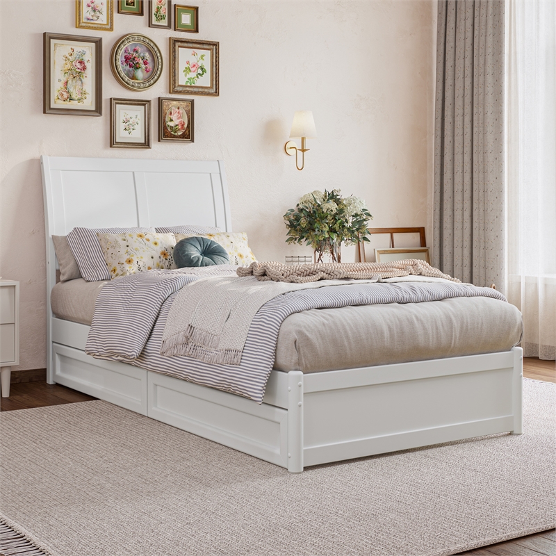 Andorra Twin XL Wood Platform Bed with Panel Footboard & Drawers in White