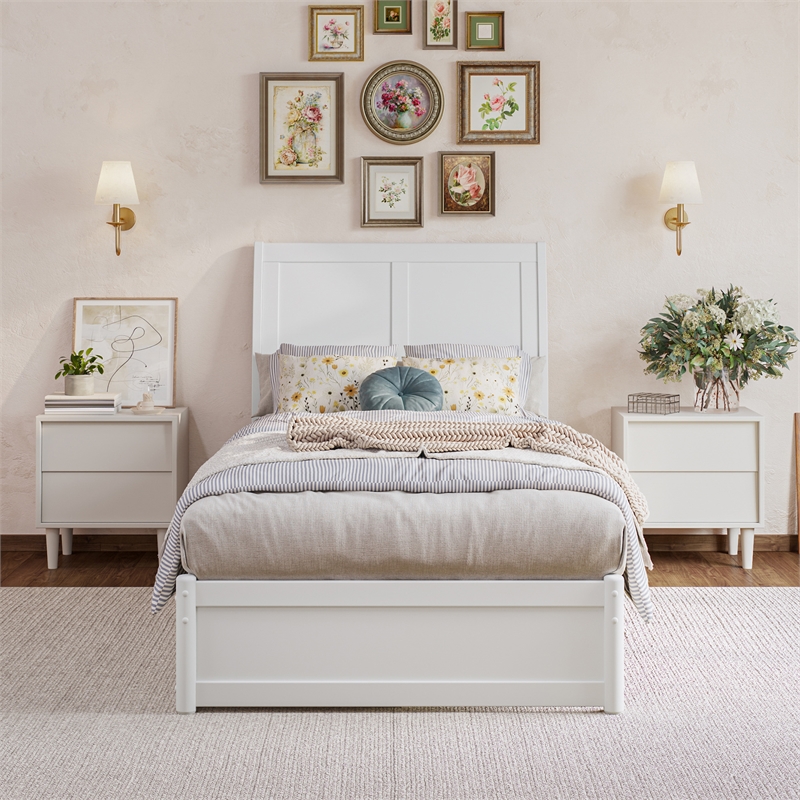 Andorra Twin XL Wood Platform Bed with Panel Footboard & Drawers in White