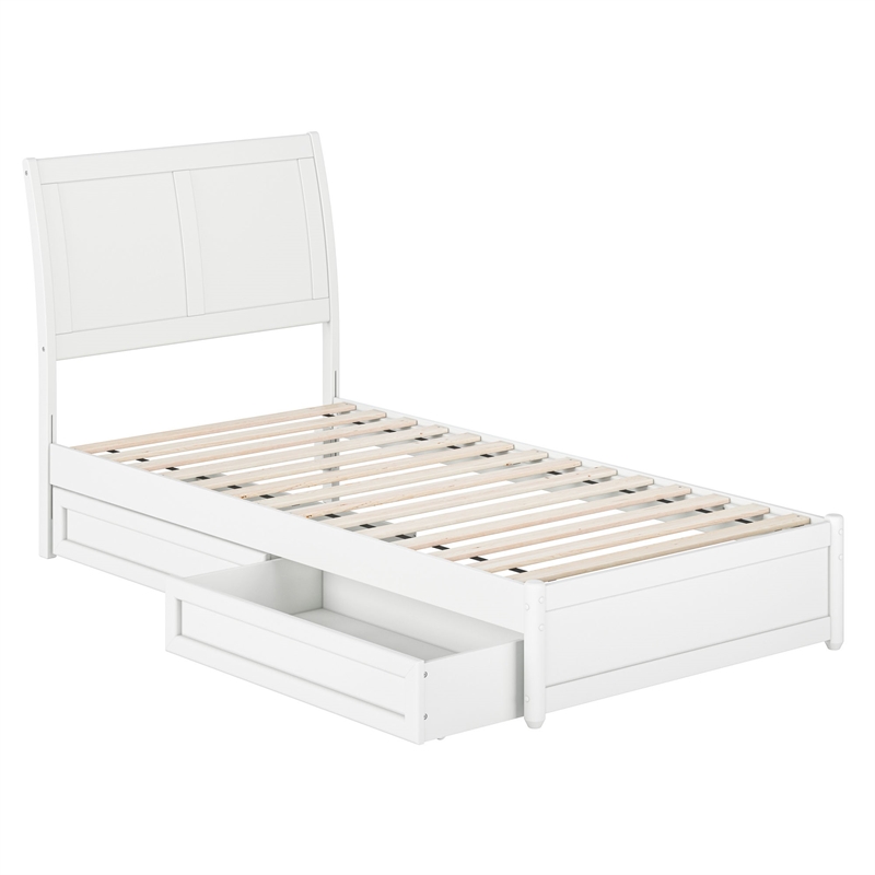 Andorra Twin XL Wood Platform Bed with Panel Footboard & Drawers in White