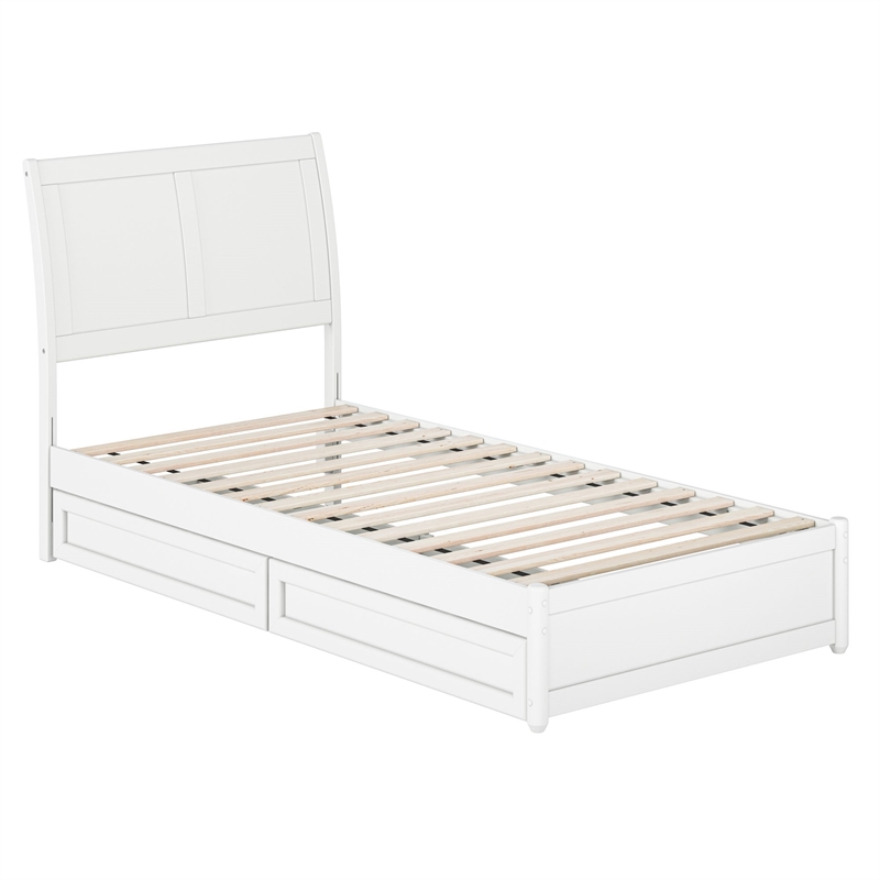 Andorra Twin XL Wood Platform Bed with Panel Footboard & Drawers in White