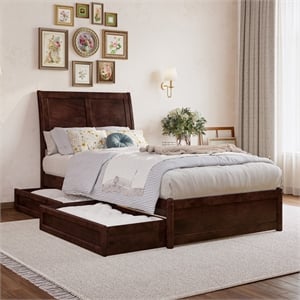 Andorra Twin XL Wood Platform Bed with Panel Footboard & Drawers in Walnut