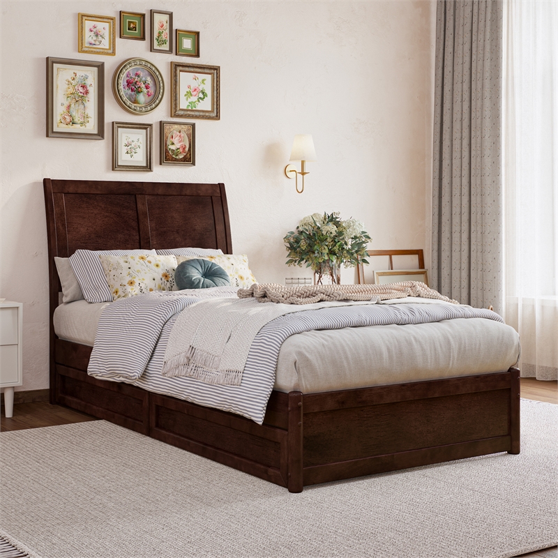 Andorra Twin XL Wood Platform Bed with Panel Footboard & Drawers in Walnut